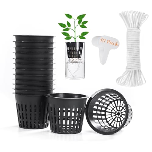 ORIMERC 30 Pack 3 inch Net Cup Pots with 30 feet Hydroponic Self Watering Wick & 30 Plant Labels Aquaponics Mason Jar Bucket Insert Orchid kratky Vegetable Gardening Growing Netted Basket Slotted Mesh - size: 3 inch(30 Pack)