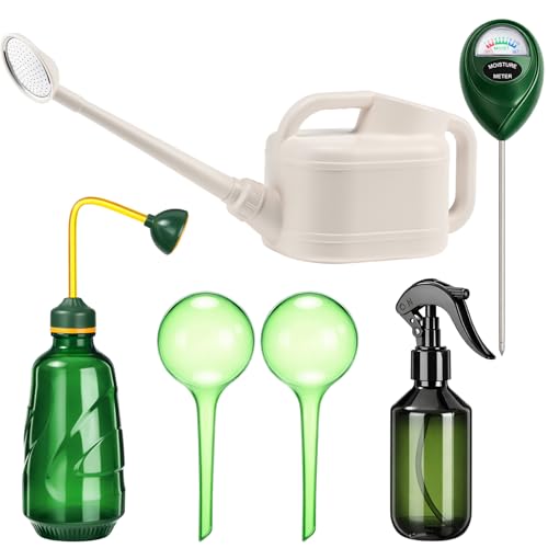 Reallnaive 6-piece Indoor Watering Can Set – 1 Gal Can, 6.8 oz Spray, 15 oz Squeeze, Plant Watering Globes & Soil Moisture Meter, Indoor & Outdoor Plant Care(White) - color: White