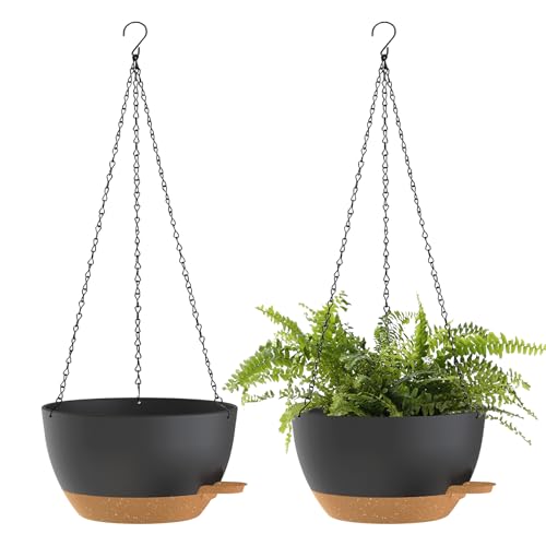 12 Inch Hanging Baskets 2 PC with Chains, Self-Watering Hanging Planters for Indoor Outdoor Plants, Plastic Hanging Flower Pots,Black Brown - color: Black Brown, size: 12 Inch