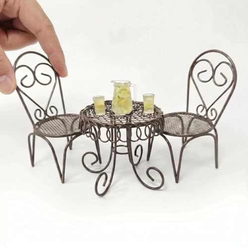 6 PCS Dollhouse Miniature Bistro Table & Chairs Set with Lemonade Pitcher and Cups Metal Furniture Fairy Garden Kitchen Decoration Accessories - color: Black