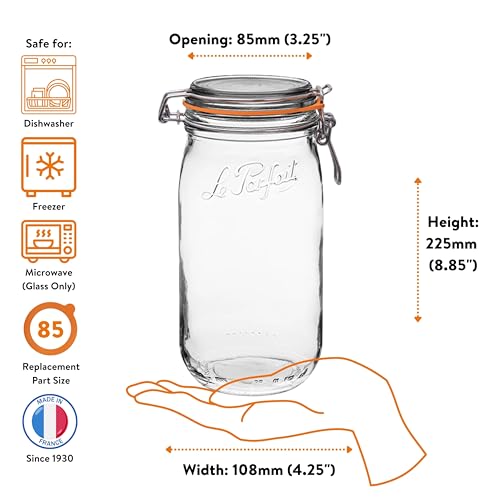 Le Parfait Super Jar 1.5L (48oz) Glass Canning Jar, Wire Bail Lid, 3 Pack | Airtight rubber seal for canning, preserving pickles, sauces and whole fruit, fermentation and pantry storage; Made in France - color: 48oz (Set/3)