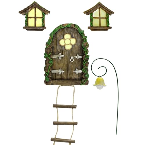 Fairy Door and Windows,Glow in the Dark Fairy Garden Miniature Accessories for Tree Stump Decor Resin Fairies House Kit with Fairy Lantern for Outdoor Yard Lawn Gnome Garden Decor - color: Style 2