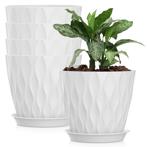 8 Inch Plastic Plant Pots,Set of 5 Flower Pots,Planters with Drainage Holes & Saucers, Indoor Outdoor Garden Pots for Home Decor(White) - color: White