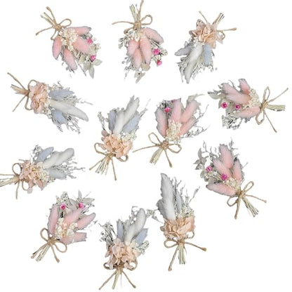 Mini Dried Flower Bouquet Set (12 pcs), Pink Bouquet, Birthday Cake Arrangement, Bridesmaid Flower Girl Proposal Gift Box, Groom Corsage(Pink) - color: Pink