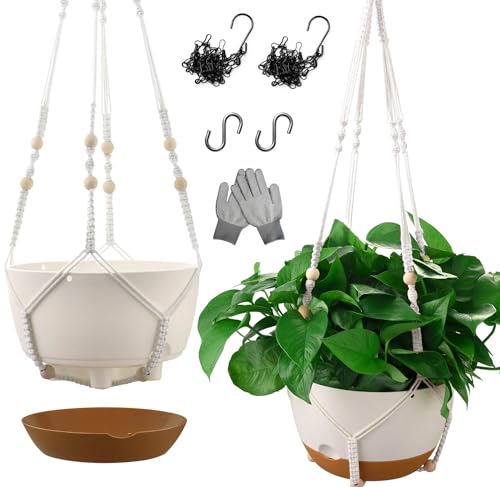 10 Inch Hanging Planters for Indoor Plants,Set of 2 Hanging Pots for Plants with Self-Watering, Outdoor Hanging Plant Pot with Drainage and 2 Kinds of Baskets Hangers for Home Decor and Garden - color: White