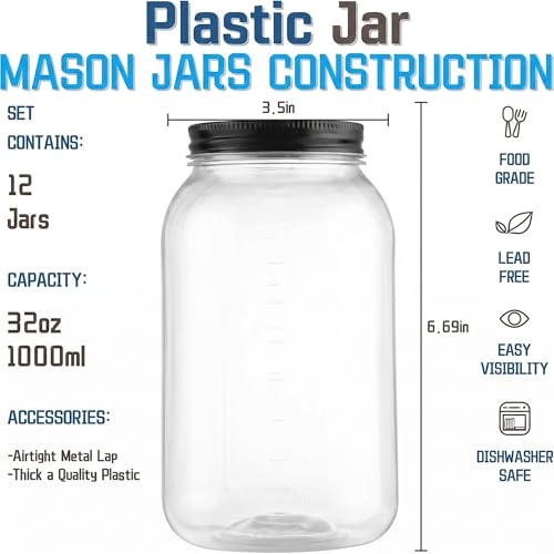 novelinks 32 oz Plastic Mason Jars and Clear Plastic Jars with Lids 32 oz - color: Black 12Pack