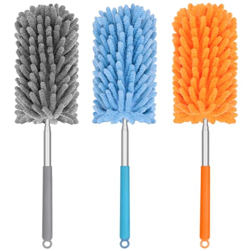 Mini Duster for Cleaning, 360° Bendable Hand Dusters with Extension Pole, Washable Small Duster for Car Interior, Office, Furniture - color: 3 Pack Blue Grey Orange