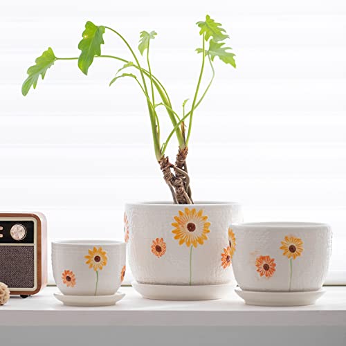 Ceramic Plant Pots,Sunflower Planters with Drainage Holes & Matching Saucer | Ceramic Flower Pot for Indoor Plants | Medium Plant Pots | Cute Herb Planting Pots | Hand-Painted Sunflower Design Pots - color: White and Yellow