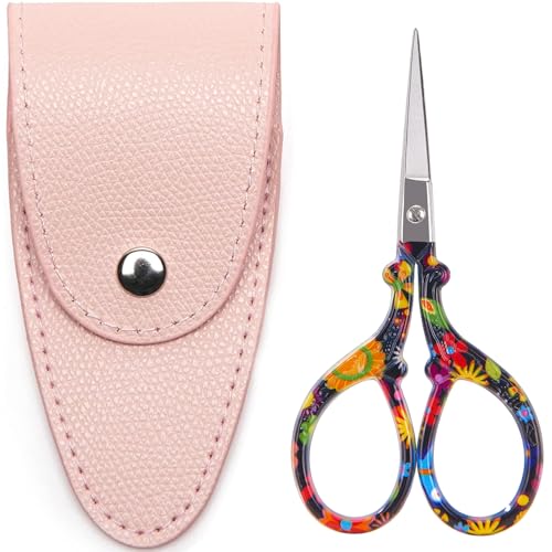 3.6 inch Small Sewing Scissors, Mini Scissors in a Pouch, All Purpose with Leather Sheath Cover, Black Flower - color: X-black Flower, size: 3.6-INCH