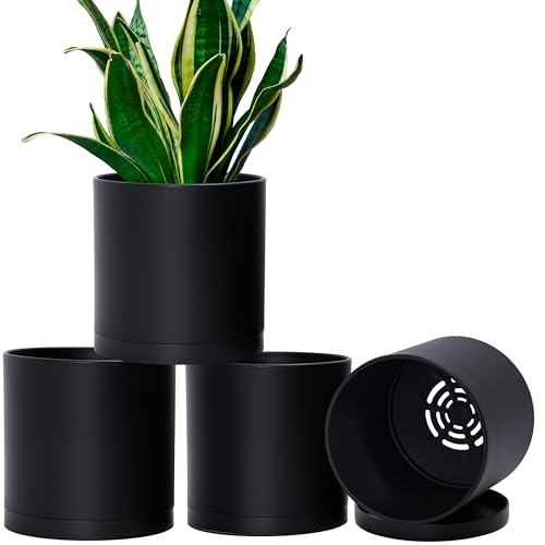 D'vine Dev 4-Pack Black Plastic Planters with Saucers, 6.5 in, 74-Y-L-2 | Lightweight Durable Build, Matte Finish, Cylindrical Shape, Efficient Drainage, Detachable Saucer, Minimalist Modern Style - size: 6.5"