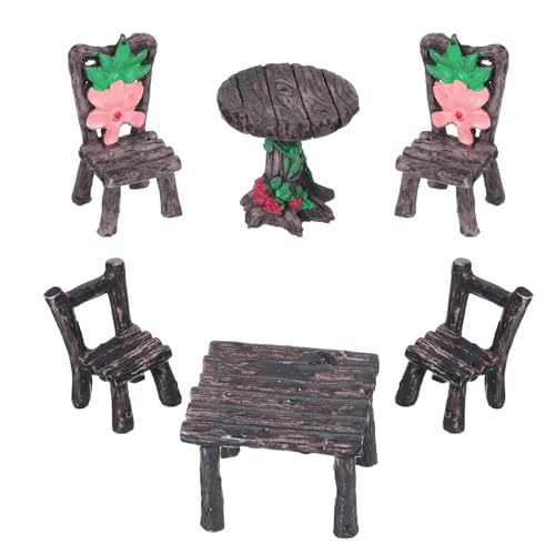 6Pcs Mini Fairy Garden Accessories, Miniature Table and Chairs Set, Village Micro Resin Chairs Table Kit for Dollhouse Accessories Home Micro Landscape