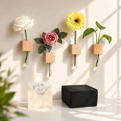 4-Piece Magnetic Wooden Vases - Magnetic Wood Blocks with Test Tubes for Refrigerator & Locker Decor | All-in-One Floral Gift Set with Greeting Card for Mom & Teachers (Oak) - color: Oak