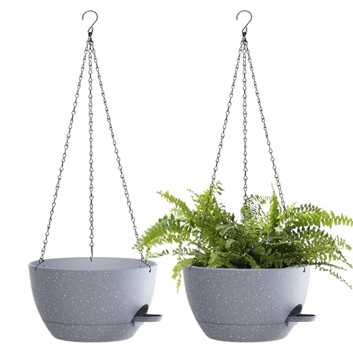 12 Inch Hanging Baskets 2 PC with Chains, Self-Watering Hanging Planters for Indoor Outdoor Plants, Plastic Hanging Flower Pots,Speckled Grey - color: Speckled Grey, size: 12 Inch