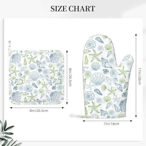 Starfish Oven Mitts and Ocean Themes Pot Holders for Heat Resistant Shells Clams Silicone Oven Mittens and Potholders Gloves Hot Pads for Kitchen Cooking Baking Grilling BBQ - color: Blue White