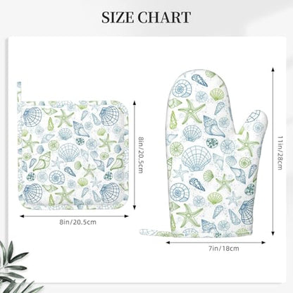 Starfish Oven Mitts and Ocean Themes Pot Holders for Heat Resistant Shells Clams Silicone Oven Mittens and Potholders Gloves Hot Pads for Kitchen Cooking Baking Grilling BBQ - color: Blue White