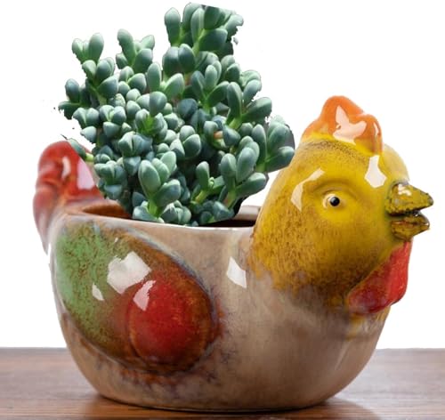 Animal Shaped Planter Flower Pot Chicken Shape Small Succulent pots with Drainage Ceramic Animal Planter, Indoor Plant Container Planter with Drainage Hole Home Office Desk Garden (Chicken) - color: Chicken