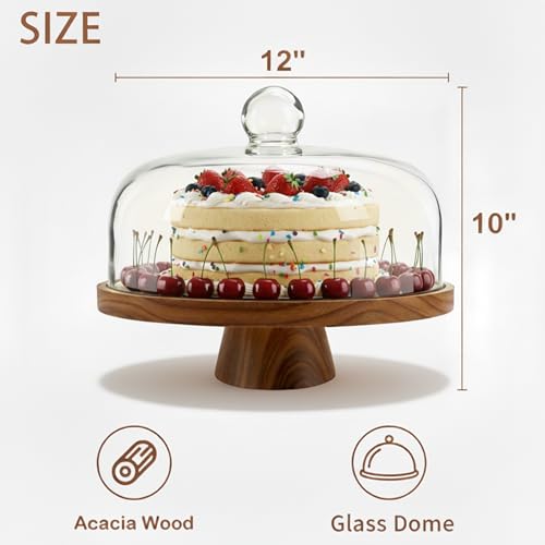 Acacia Wood Cake Stand with Scratch-Resistant Glass Dome Lid – 12-Inch Round Cake Holder with Screw-Type Base, Wooden Dessert Display Stand with Cover for Cakes, Pastries, Cheese & Charcuterie