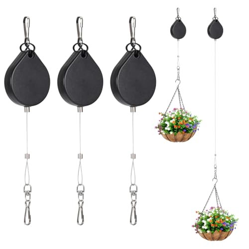 Retractable Plant Hanger – Adjustable Length with Locking Sliders, Heavy Duty ABS & Stainless Steel Cable, 18–22 lbs Capacity, 3 Pack for Hanging Baskets, Bird Feeders, Outdoor Use (Black) - color: 3-pack