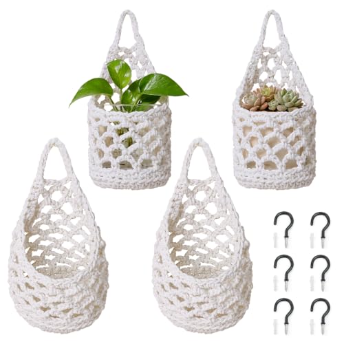 4 PCS 5-Inch Macrame Wall Plant Hangers, Small Wall Hanging Plant Holder with Hooks, Natural Cotton Rope Hanger for Indoor Plants & Daily Storage, Boho Home Decor - color: White