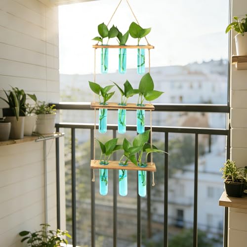 XXXFLOWER Wall Hanging Propagation Station with Wooden Stand Blue - size: Blue-9 Tube Vase