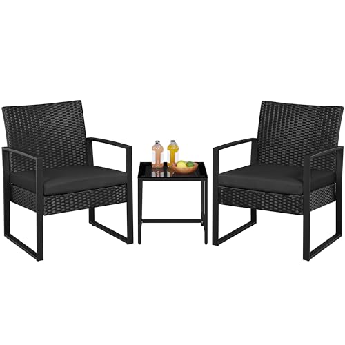 Yaheetech 3 Pieces Rattan Bistro Set, Indoor/Outdoor Wicker Patio Modern Conversation Furniture, 2 Chairs & Tempered Glass Coffee Table for Garden, Balcony, Backyard, Poolside, Black - color: Black