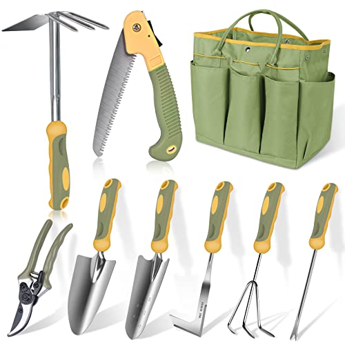 WisaKey 9 Piece Gardening Tools Heavy Duty Garden Tools Set Handbag Green | Ergonomic Durable Rust-Resistant Steel Gardening Kit Supplies Gardening Gift for Women Men Idea for Planting Lawn Yard Work