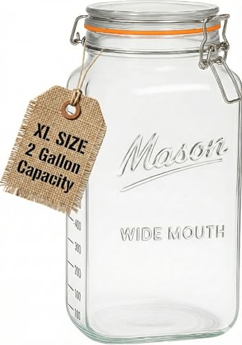 2 Gallon Large Glass Mason Jar with Airtight Lid- Extra Wide Mouth - Big Fermentation & Canning Container - Jumbo Storage - Pack of 1