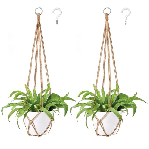 Dahey Macrame Plant Hanger Indoor 35 Inches Hanging Plant Holder Basket | Set of 2, Jute Rope, No Tassels, Handmade Knotted Boho Decor for Living Room Kitchen Bedroom Garden, Fits 10" Pots, Brown - color: Brown, size: 35Inch
