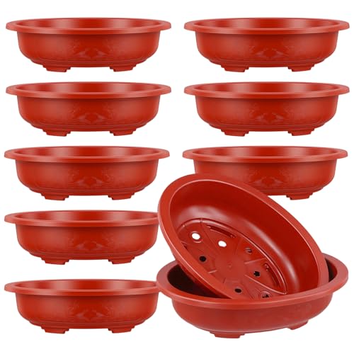 HOIGON 10PCS 12 x 9 Inch Plastic Oval Bonsai Training Pots, Red Large Oval Plastic Planter Pot with Drainage Hole, Shallow Plant Nursery Pot for Succulent