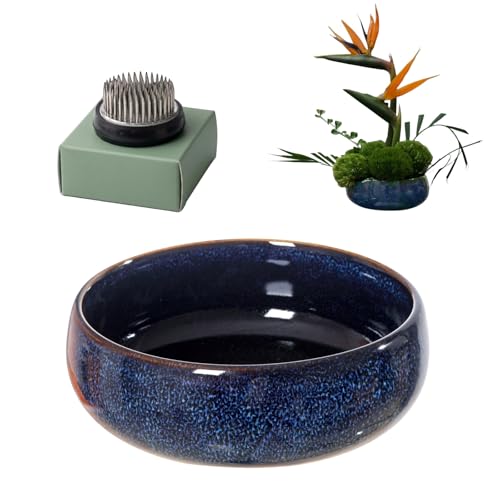 Ikebana Kit, Bowl, with 1.8in Floral Frog | Japanese Flower Vase, Ikebana Vase, Flower Frog Kit, for Hydroponic, Water Lotus Bowl, Japanese Floral Arrangement - color: Blue