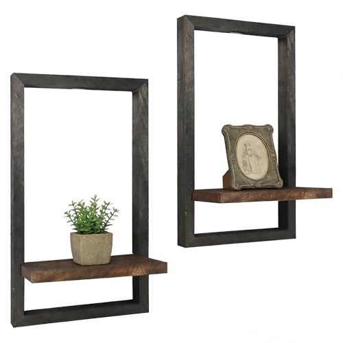 Vineland Set of 2 Floating Shelves for Wall, Wooden Wall Hanging Decor, Farmhouse Plant Holder for Bathroom, Living Room, Brown & Black - color: Brown & Black