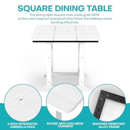 5 Piece Patio Dining Set, HDPE All-Weather Furniture,White | Waterproof 4 Chairs with Armchair Seat & 1 Square Table, Natural Wood Look for Backyard, Garden, Patio - color: White, size: Square 5-Piece Dining Set