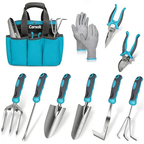 Gardening Tools, Carsolt 10 Piece Heavy Duty Stainless Steel Garden Tools Set with Ergonomic Rubber Handle. Variety of Gardening Hand Tools with Gift Box Ideal Garden Gifts for Women | Rust-Proof & Ergonomic Handle, Includes Durable Storage Bag, Gloves &