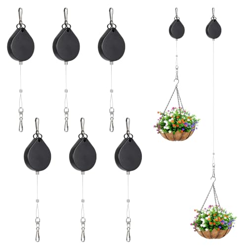 Retractable Plant Hanger – Adjustable Length with Locking Sliders, Heavy Duty ABS & Stainless Steel Cable, 18–22 lbs Capacity, 6 Pack for Hanging Baskets, Bird Feeders, Outdoor Use (Black) - color: 6-pack