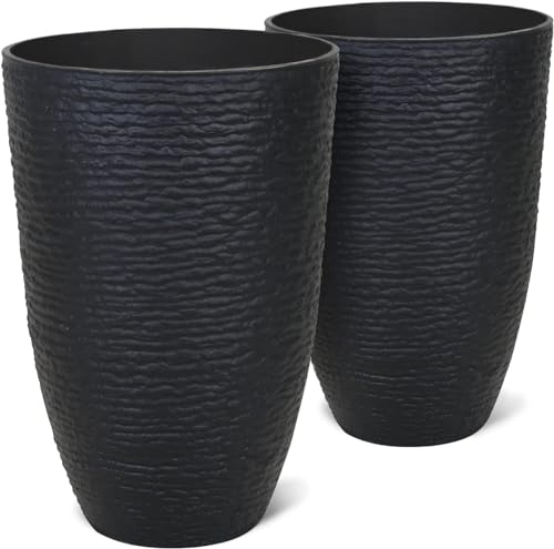 Worth Garden 21" H Tall Planters 2 Pack - 14'' Dia Resin Large Round Black Flower Pots for Outdoor Plants Trees - Imitation Stone Finish Plastic Indoor Front Porch 9 Gallon Decorative Container Patio - color: Black
