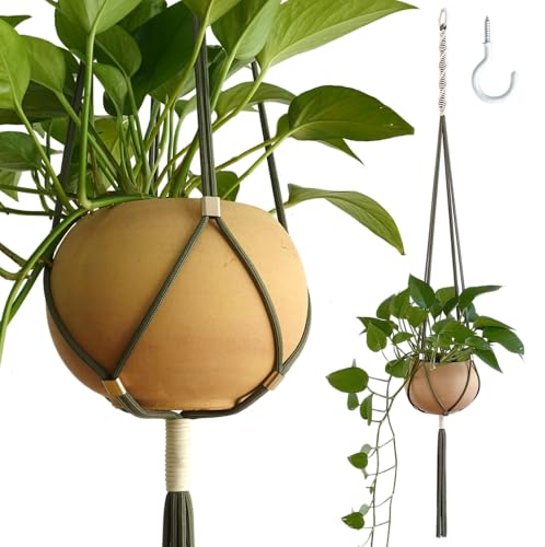 Macrame Plant Hanger Polyester Rope 42 Inch Outdoor Indoor Adjustable Hanging Planter for up to 10 Inch Plant Pot Modern Boho Home Decor (1, Forest Green/Ivory) - color: Forest Green/ Ivory