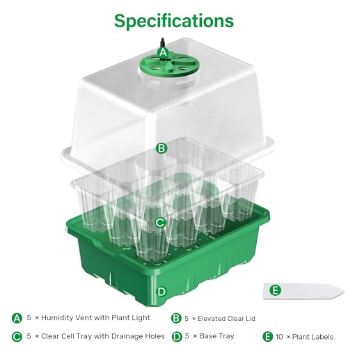 Bonviee Seed Starter Trays with 12-LED Grow Lights, Green, 5 Pack | 5 Seed Starter Kits, 60 Cells, 12-LED Grow Light per Tray, Vented Humidity Domes, Drainage Holes, 1-to-5 USB Cable - color: Green, size: 5 Packs, with Light