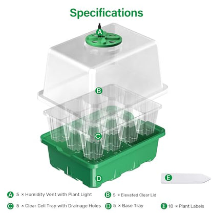Bonviee Seed Starter Trays with 12-LED Grow Lights, Green, 5 Pack | 5 Seed Starter Kits, 60 Cells, 12-LED Grow Light per Tray, Vented Humidity Domes, Drainage Holes, 1-to-5 USB Cable - color: Green, size: 5 Packs, with Light