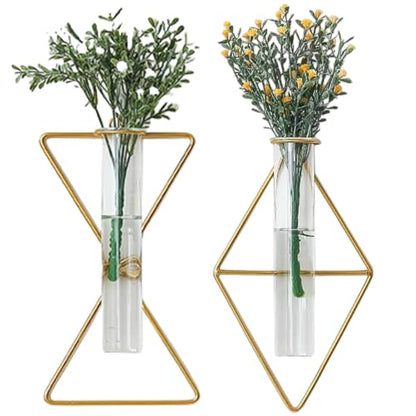 yaooral 2 Pack Luxury Nordic Hanging Wall Mounted Gold Flower Vase | Metal Frame Glass Tube/Minimalist/Cute Exquisit Pretty/Geometric Hydroponic Bud Vase Decor for Wall Home Wedding Farmhouse - style: triangle rhombus