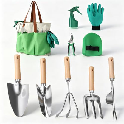 Gardening Tool Set, Heavy Duty Stainless Steel Hand Tools with Wooden Handles, Storage Tote Bag, Ergonomic Design, Ideal Gardening Gifts for Women, Men, Mom and Dad
