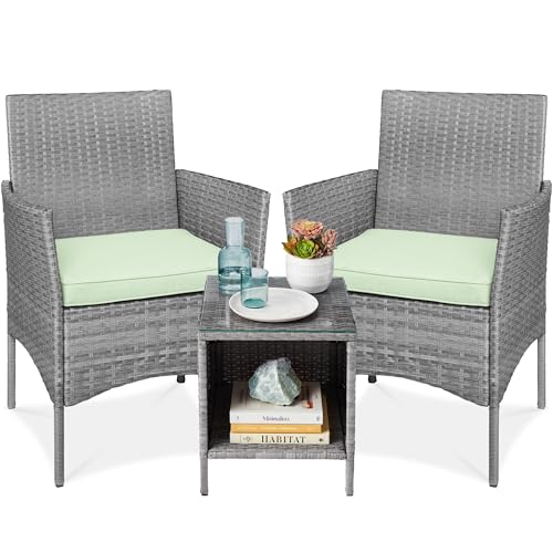 Best Choice Products 3-Piece Outdoor Wicker Conversation Bistro Set, Space Saving Patio Furniture for Garden w/Side Table - Gray/Light Mint - color: Gray/Light Mint
