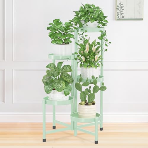 iDavosic.ly Plant Stand Indoor Outdoor, 5 Tier Metal Corner Shelf, Green | Tiered Flower Display Holder, Folding Multi Orchid Rack, Easy to Assemble, Space Saving Patio Balcony Porch Garden House - color: Mint Green, size: 5 Tiers