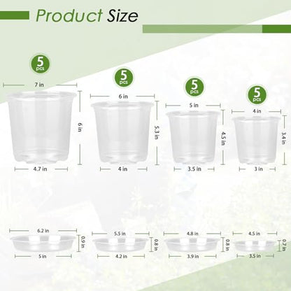 FUIJOL 4/5/6/7 Inch Clear Nursery Pots for Plants with Sacuers 60 Pack, Plastic Flower Pots with Drainage Holes, Variety Pack Seedlings Garden Pot for Indoor Outdoor (4+5+6+7 inch) - size: 4+5+6+7 inch (Pack of 3)