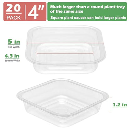 20 Pack Plant Saucers for Indoors 4 Inches Plant Trays for Pots Plastic Trays for Plants Square Plant Drip Trays for Potted Plants Flower Pot Saucers Clear Plant Plates to Catch Water, Bulk