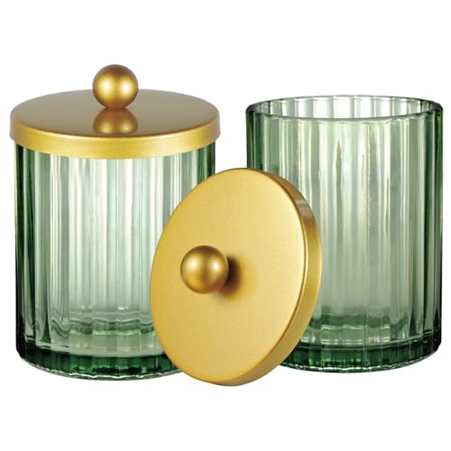 Amolliar Green Glass Qtip Holder Dispenser, Bathroom Canister, Gold 2 Pack | Apothecary Jar for Cotton Swabs, Cotton Balls, Floss Picks, Countertop Storage Organizer Container for Vanity, Bathroom Decor - color: Gold, size: 2 Pack