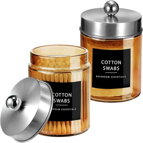 Amolliar Bronze Amber Glass Apothecary Jar Qtip Holder Brushed Nickel 2Pack | Bathroom Canister With Metal Lid, Q tip Dispenser Holder for Cotton Balls, Cotton Swabs, Floss Picks, Vanity Makeup Organizer - color: Brushed Nickel, size: 2 Pack
