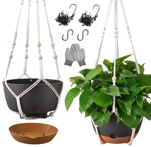 10 Inch Hanging Planters for Indoor Plants,Set of 2 Hanging Pots for Plants with Self-Watering, Outdoor Hanging Plant Pot with Drainage and 2 Kinds of Hanging Baskets Hangers for Home Decor and Garden - color: Black