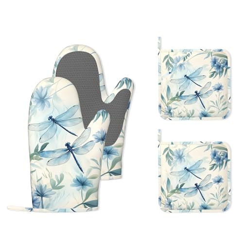 Vintage Dragonfly Silicone Oven Mitts and Pot Holders,Flower Plant Heat-Resistant 4 Piece Kitchen Set Non-Slip Oven Gloves and Hot Pads for Cooking, Baking, Grilling,BBQ - color: Vintage Dragonfly Flower Plant