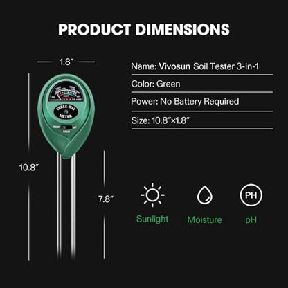 VIVOSUN Soil Tester, 3-in-1 Plant Moisture Meter Light and PH Tester for Home, Garden, Lawn, Farm, Indoor and Outdoor Use, Promote Plants Healthy Growth (Pack of 3) - size: Soil Tester (Pack of 3)