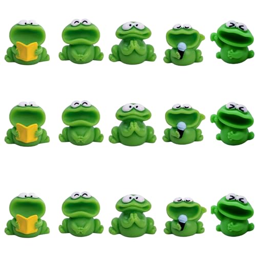 15Pcs Mini Resin Green Frogs Figurines - Tiny Big Mouthed Singing Miniatures for Cake Toppers, DIY Dollhouse, Fairy Garden, Moss Landscape, Terrarium Crafts, Home Decor